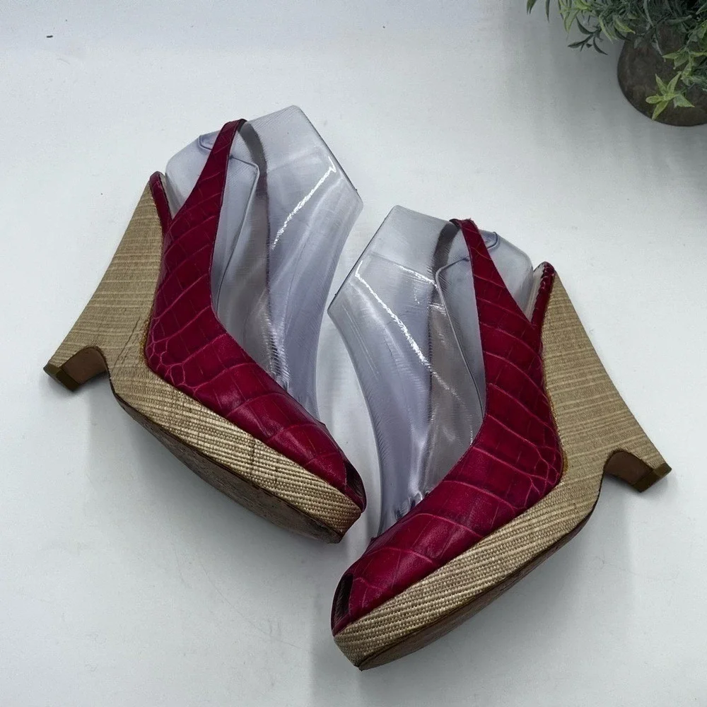Oscar‎ De LA Renta Womens Red Print Leather Peep-Toe Slingback Wedge 39.5/US 8.5